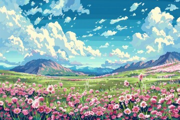 Fototapeta premium Pixel art background meadow with flowers and trees sky clouds mountains.