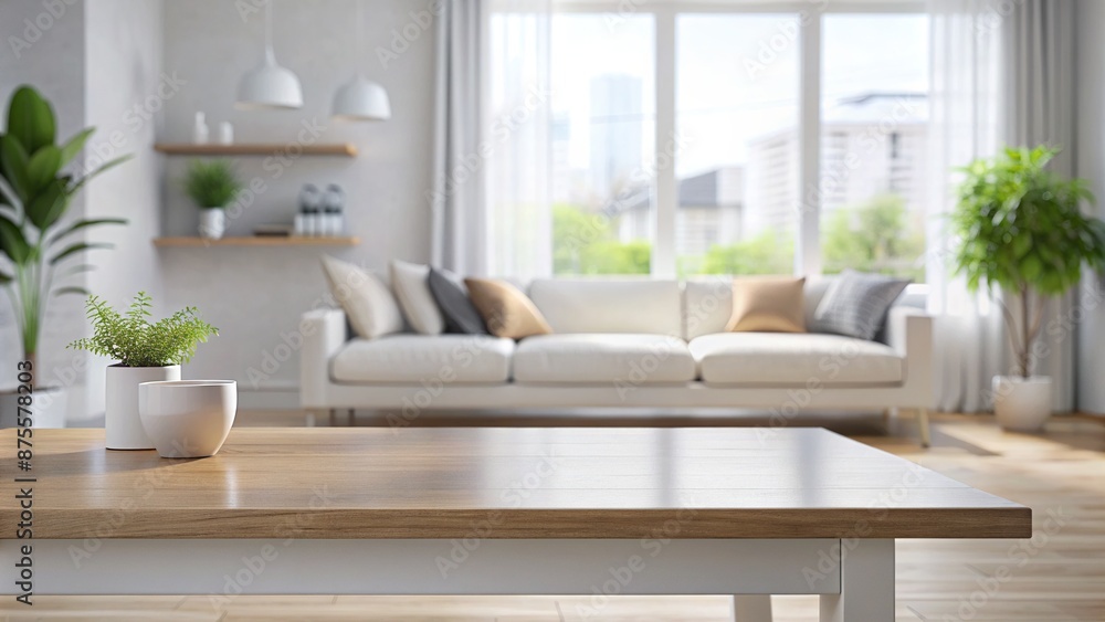Poster empty white table with ample copy space in front of a blurred sleek modern living room background, p