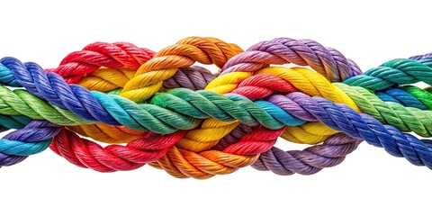 Colorful rope stretched to the limits, tangled and twisted, symbolizing unity and collaborative effort in a competitive environment, conveying teamwork and togetherness.