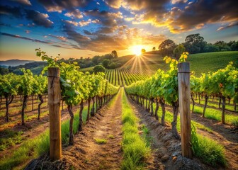 Fototapeta premium Warm golden light illuminates rows of lush green vines and rustic wooden stakes in a serene organic vineyard under a clear afternoon sky.