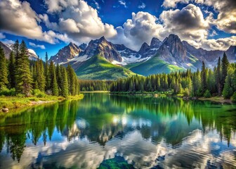 Fototapeta premium Serene and breathtaking scenery of towering mountain peaks surrounded by lush green forests and serene lakes under a vibrant blue sky with puffy white clouds.
