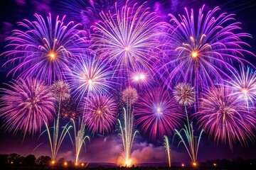 Vibrant purple firework explosion illuminates night sky with sparkling trails, perfect for celebrating anniversaries, New Year's Eve, Independence Day, and festive holiday events.