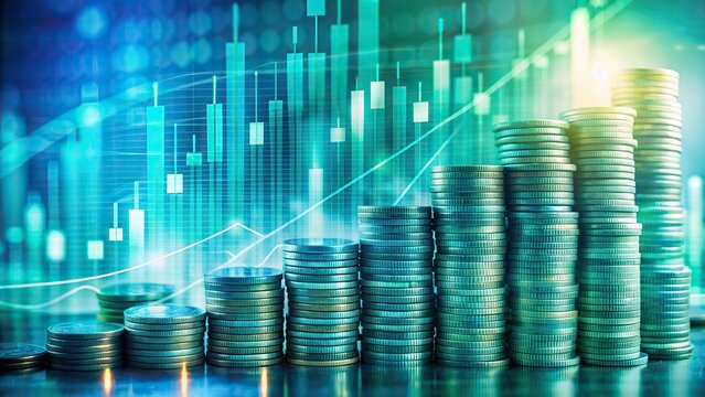 Soft focus double exposure of graph charts and rows of coins in calming blue and green hues representing financial growth and investment strategies.