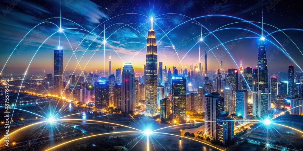 Poster futuristic cityscape with glowing neon circuits, abstract data streams, and orbiting satellites, sym