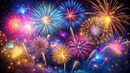 Fototapeta premium Vibrant swirling colors of pink, blue, and gold explode in an abstract firework display against a dark background, perfect for a 2024 New Year celebration.