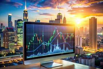 Computer screen displaying financial market data, charts, and graphs, with a cityscape at dusk in the background, representing business finance and investment technology.