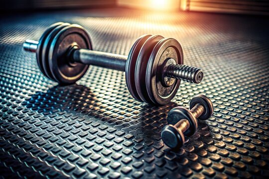 A sleek dumbbell lies on a worn workout mat amidst scattered weights, surrounded by faint shadows, evoking a female athlete's intense strength training session.