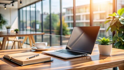 Modern workspace setup with a laptop computer, notebook, and coffee cup on a wooden desk in a minimalist office environment with a blurred background.