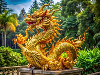 Fototapeta premium Vibrant golden Chinese dragon statue with intricate scales and fiery whiskers sitting majestically on a ornate pedestal surrounded by lush green foliage outdoors.