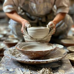 Highlight the skillful hand motions and techniques used in creating handmade pottery with a striking low-angle shot, showcasing the dedication and precision involved