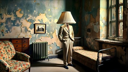 Surreal Scene of a Man with a Lampshade Head in a Vintage Room
