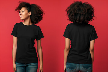 A woman wearing a mockup of a plain black T-shirt, photographed showing both front and back views
