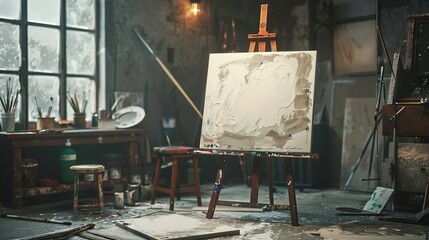 Artist's Studio with Easel and Unfinished Painting