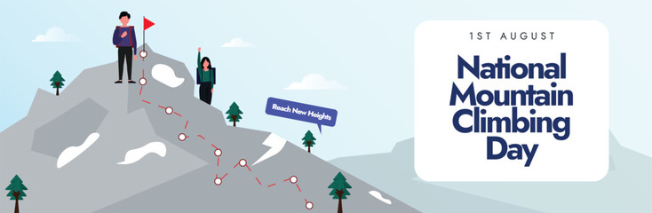 National Mountain Climbing Day. 1st August Mountain climbing day celebration cover banner with mountains, climber on them, red flag. The day celebrates the challenging, adventurous sport of climbing