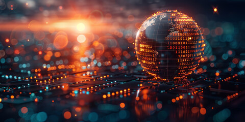 Global cyber security concept with digital closed pad lock, earth planet globe and binary code on modern laptop background, double exposure 