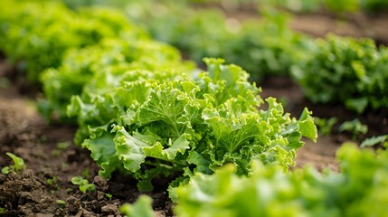 Organic fresh lettuces are growing in vegetable garden. 