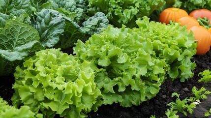 Organic fresh lettuces are growing in vegetable garden. 
