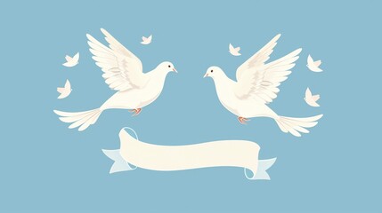 Obraz premium Two white doves carrying a white banner isolated on a blue background, peace concept