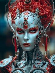 a close up of a robot with red hair