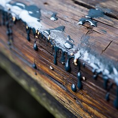 a close up of a wooden bench with water dripping off of it