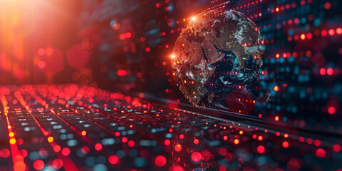 Global cyber security concept with digital closed pad lock, earth planet globe and binary code on modern laptop background, double exposure 