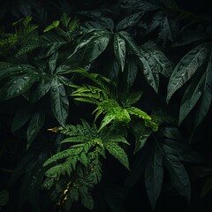 a close up of green leaves on a dark background