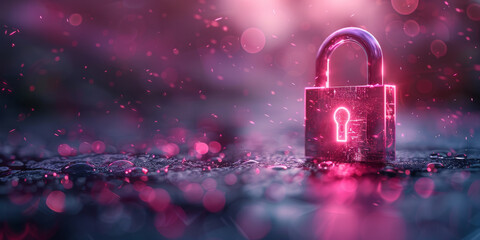 Glowing security padlock on purple backdrop. Digital interface and protection concept. 3D Rendering. 
