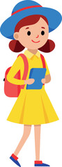 Cartoon Girl with Backpack and Hat Holding Tablet