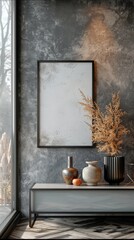 Elegant living room with an empty frame on the shelf