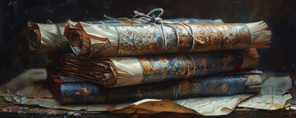 A stack of ancient scrolls tied with ribbons and adorned with symbols (realistic)