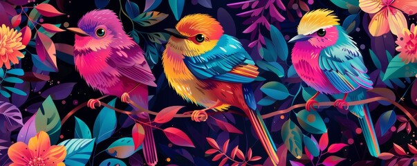 Brightly colored, stylized birds