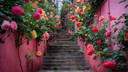 バラの花とピンクの壁が続く路地
