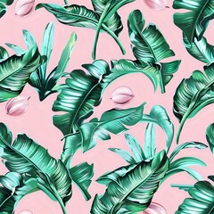 Tropical Nature Inspired Banana Leaf and Floral Mandala Art Nouveau Style Pattern