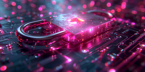 Glowing security padlock on purple backdrop. Digital interface and protection concept. 3D Rendering. 