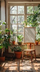 Bright sunroom with a blank canvas against the window
