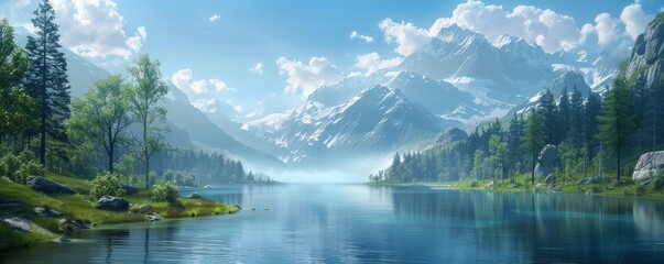 Naklejka premium A tranquil mountain lake with breathtaking scenery. Realistic.