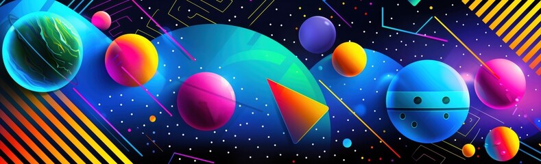 Colorful abstract geometric shapes and planets floating in a vibrant, futuristic space. Digital art and sci-fi concept.
