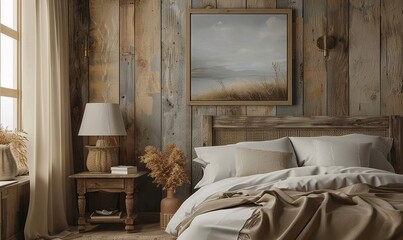 Rustic bedroom with a mockup canvas on the nightstand