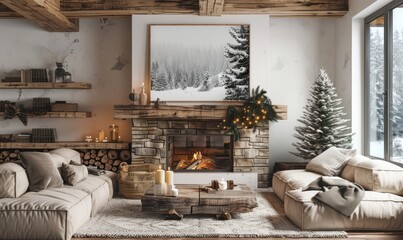Rustic living room with a mockup canvas on the mantel