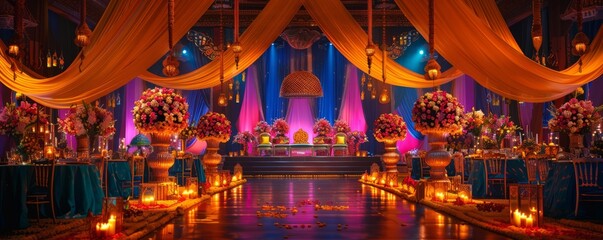 A vibrant Indian wedding celebration with elaborate decorations. Realistic.