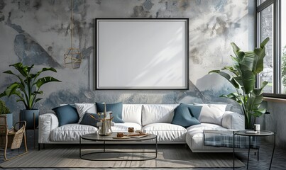 Modern living room with a blank frame on the wall