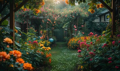 A backyard garden with blooming flowers