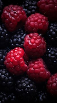 a close up view of raspberries and blackberries