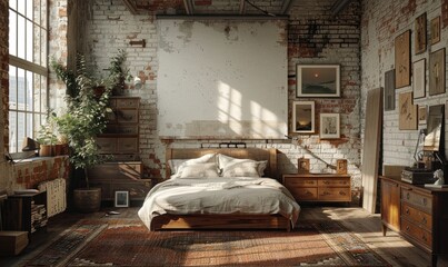 Industrial bedroom with a blank canvas on the nightstand