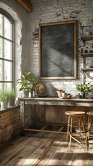 Serene kitchen with an empty chalkboard on the wall