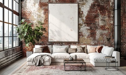 Industrial living room with a blank canvas on the wall