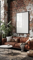 Industrial living room with an empty frame on the wall