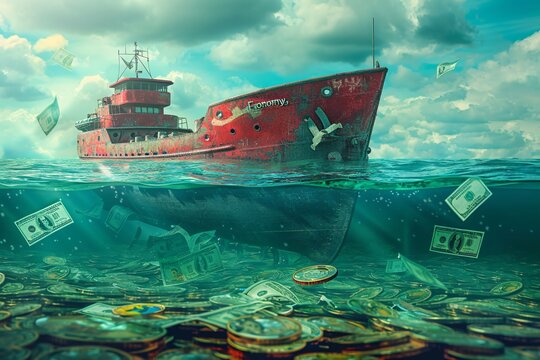 The Shipwrecked Economy: A Rusty Vessel Sinking into a Sea of Currency