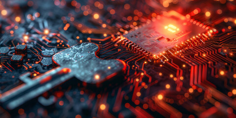 Key icon on digital circuit board background. Digital security and data protection concept.  
