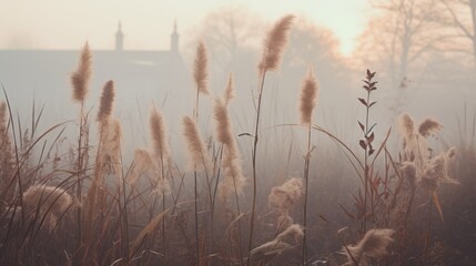 Obraz premium a field of tall grasses in front of a house